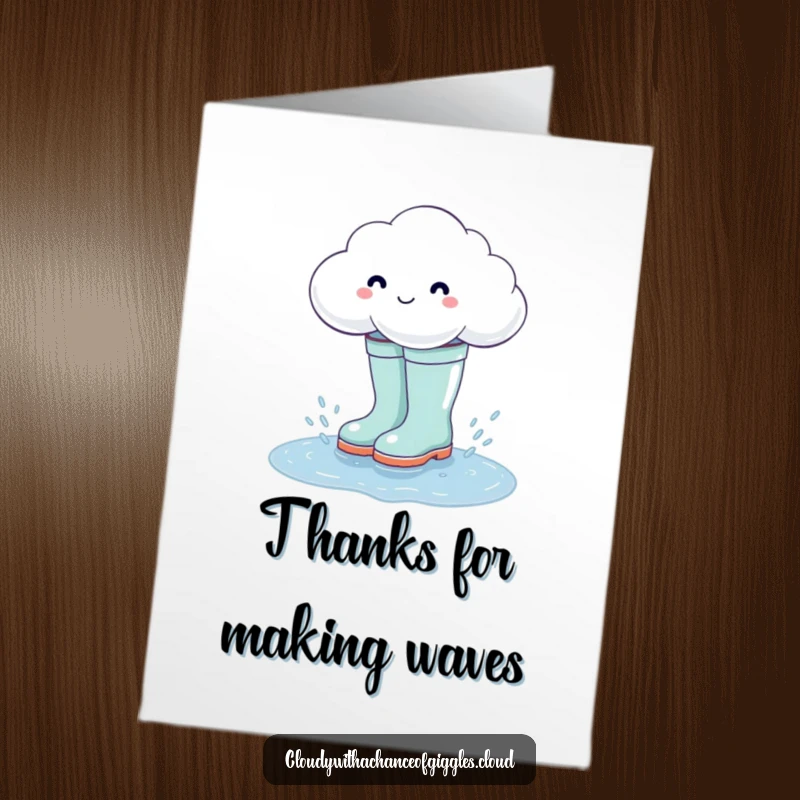Funny Free Printable Thank You Card: Happy Cloud in Oversized Rain Boots Splashing Joyfully, Expressing Gratitude!