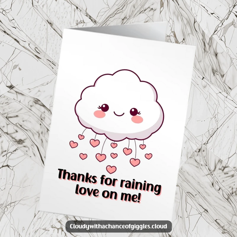 Funny Free Printable Thank You Card: A happy cloud gently raining tiny hearts, perfect for expressing heartfelt thanks.