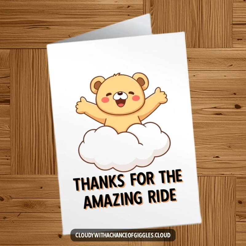 Funny Free Printable Thank You Card: Bear cub gleefully riding fluffy cloud, perfect DIY thanks.