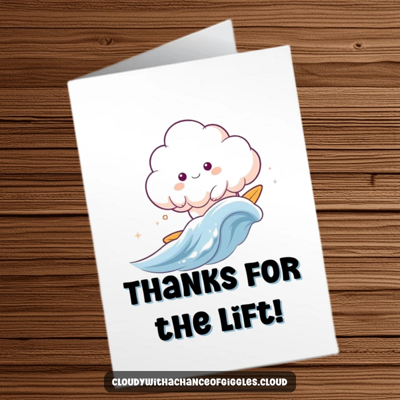 Funny Free Printable Thank You Card: A cloud animal happily surfing a gentle wind wave, conveying thanks with ease.