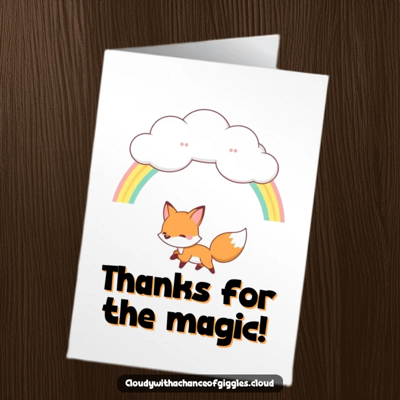 Funny Free Printable Thank You Card: A happy fox chasing a beautiful rainbow originating from a fluffy cloud.