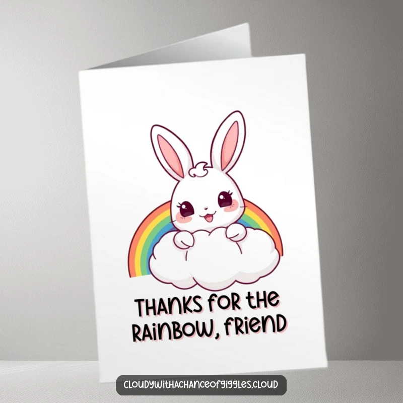 Funny Free Printable Thank You Card: Cheerful bunny holds a rainbow from behind a cloud, offering sincere thanks with a smile.
