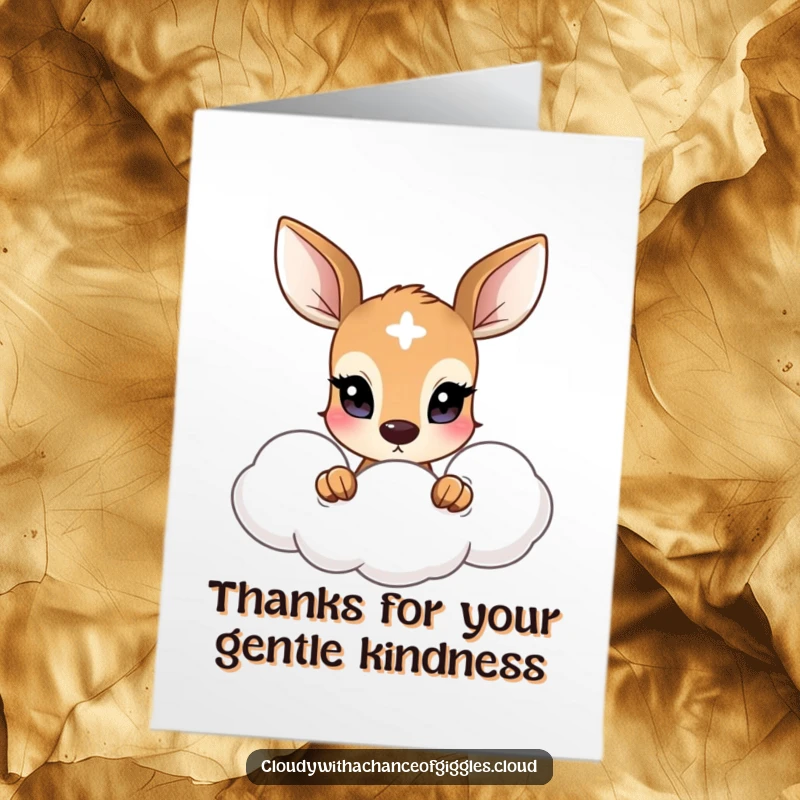 Funny Free Printable Thank You Card: A sweet deer with big eyes peeks from a cloud, conveying heartfelt thanks.