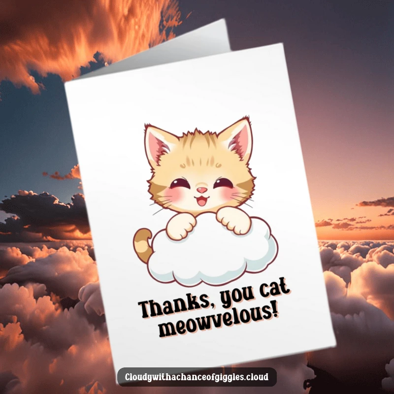 Funny Free Printable Thank You Card: A curious kitten batting at a smiling cloud shape, conveying thanks with downloadable charm.