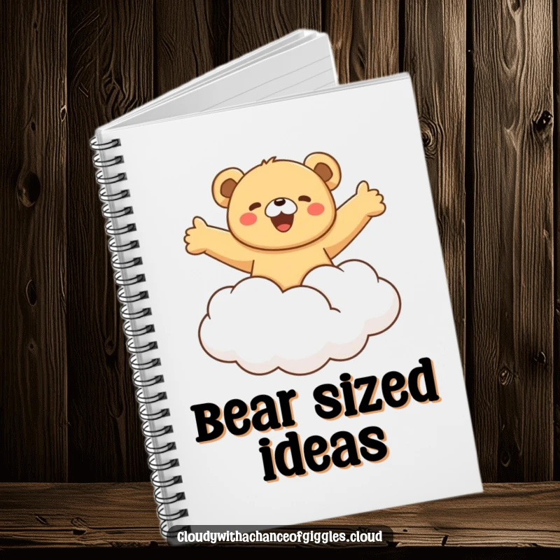 Funny bear cub joyfully riding a fluffy cloud with arms outstretched, a whimsical and humorous notebook cover designed to inspire big dreams.