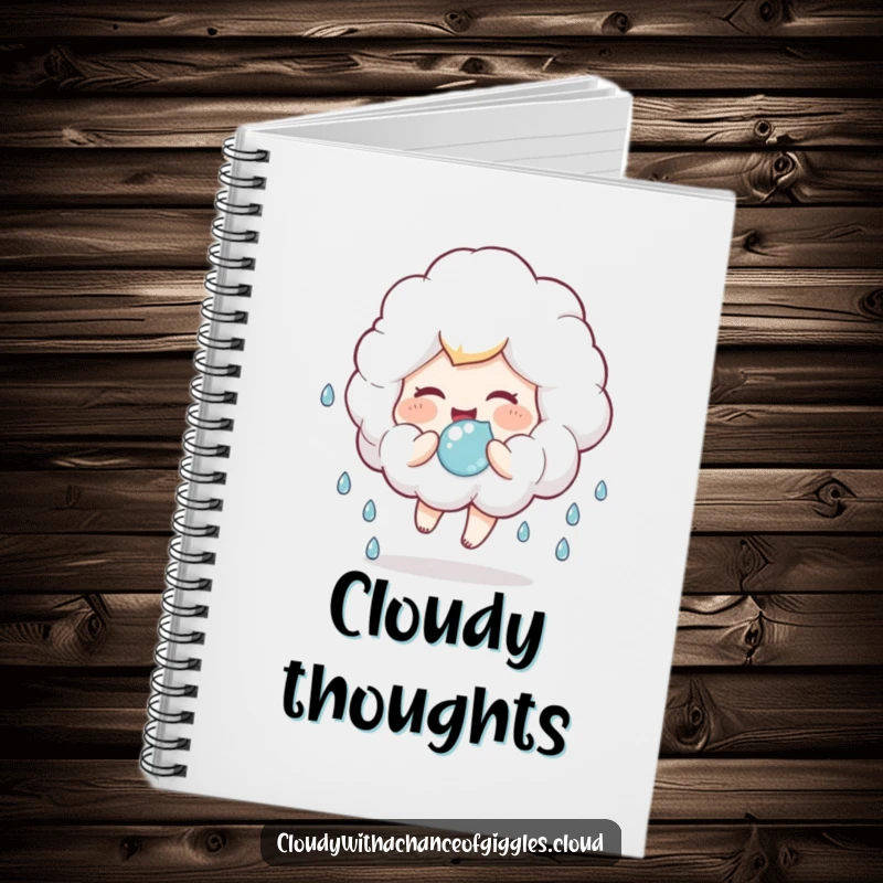 Funny notebook with a fluffy cloud child giggling and bouncing a raindrop, perfect for journaling happy thoughts.