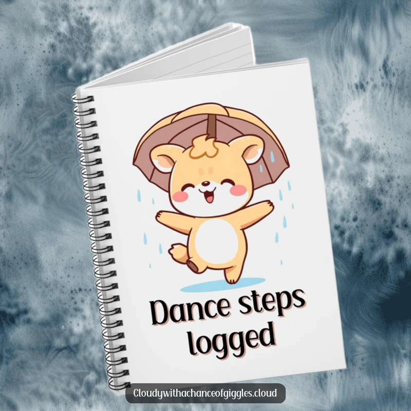 Funny Notebook with a happy animal character dancing in a gentle rain shower, inviting users to fill its pages with joy.