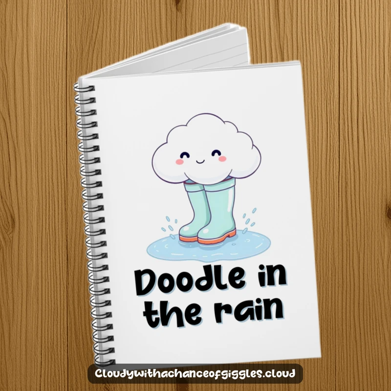 Funny cloud in oversized rain boots splashing in a puddle, a humorous and practical notebook.