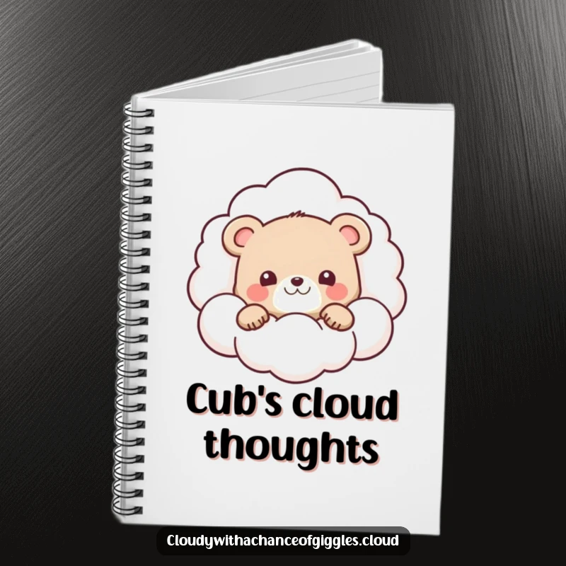Funny notebook with a cute bear cub peeking from behind a smiling cloud, ideal for journaling.