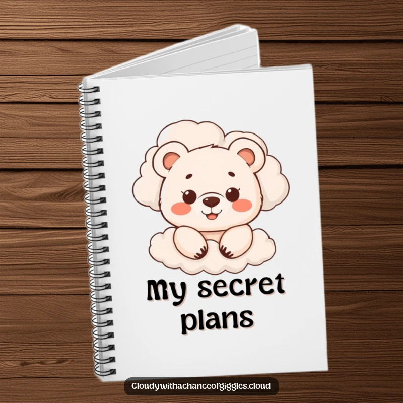 Funny notebook cover with a smiling cartoon bear cub peeking from behind clouds, perfect for jotting down playful ideas, a funny and funny gift.