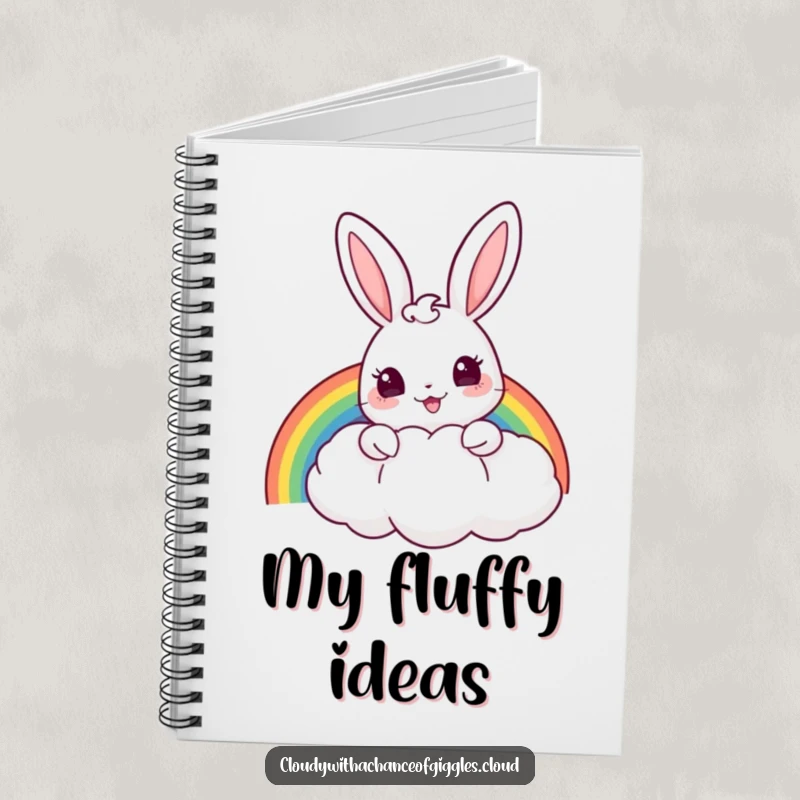 Funny notebook cover with a cheerful bunny peeking from behind a puffy cloud, holding a rainbow, ready for notes.