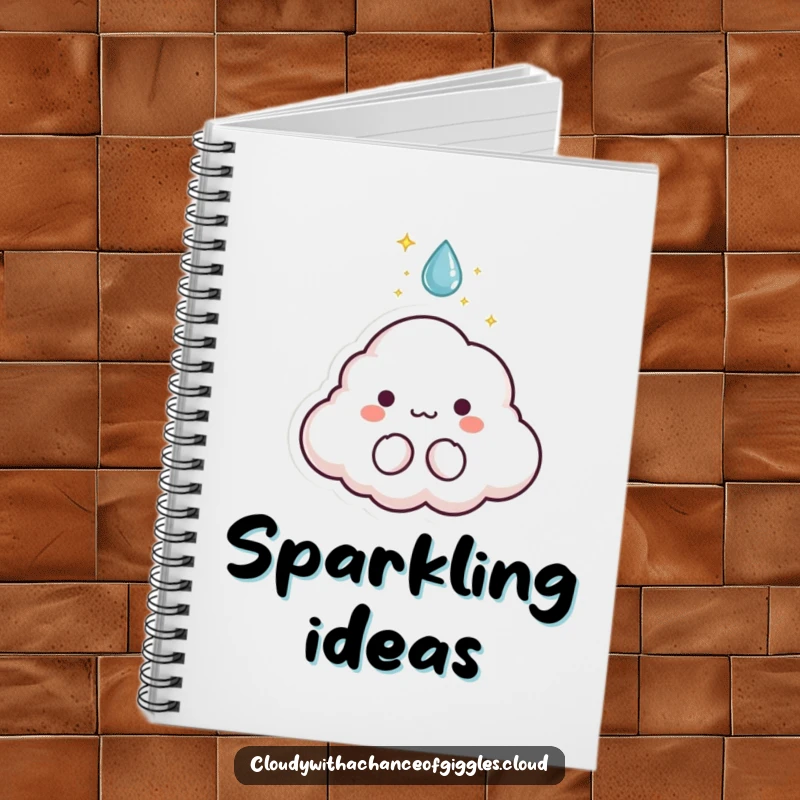Funny notebook cover featuring a tiny cloud animal character with sparkles bursting from a raindrop, inspiring creativity.