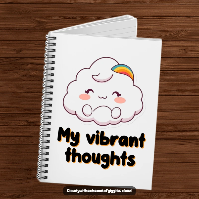 Funny notebook with a cute cloud animal character in a rainbow hat waving hello, perfect for journaling.