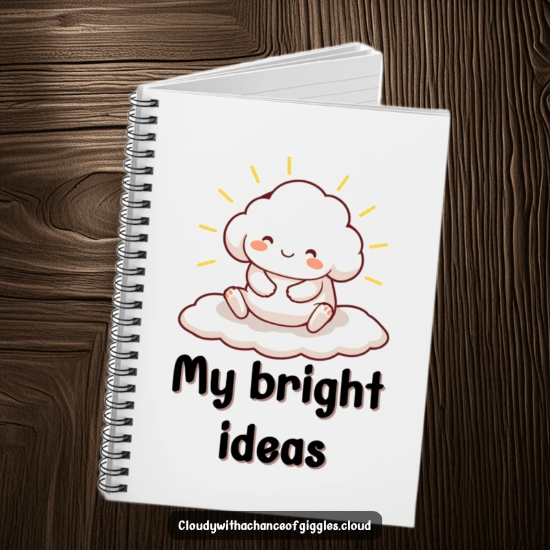 Funny notebook with a contented cloud animal character stretching on a sunbeam, perfect for journaling or sketching ideas.