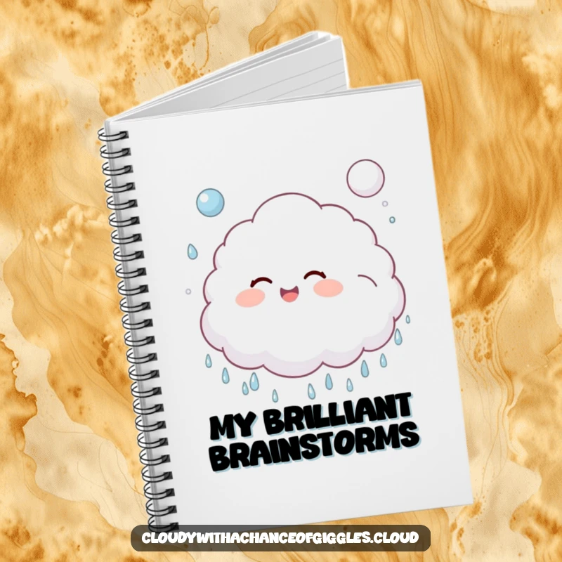 Funny, fluffy cloud child giggling and bouncing a soft, puffy raindrop like a ball on a funny notebook.