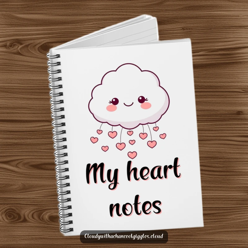 Funny notebook with a smiling cloud pouring tiny hearts, representing a happy and creative mind.
