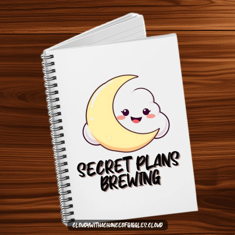 Funny spiral notebook cover with a mischievous cloud character peeking with a grin from behind a crescent moon, perfect for notes.