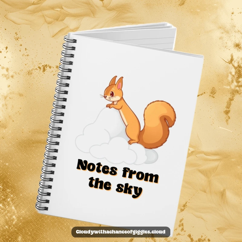 Funny notebook with a squirrel climbing a cloud mountain, encouraging imaginative thinking. An ideal funny gift.