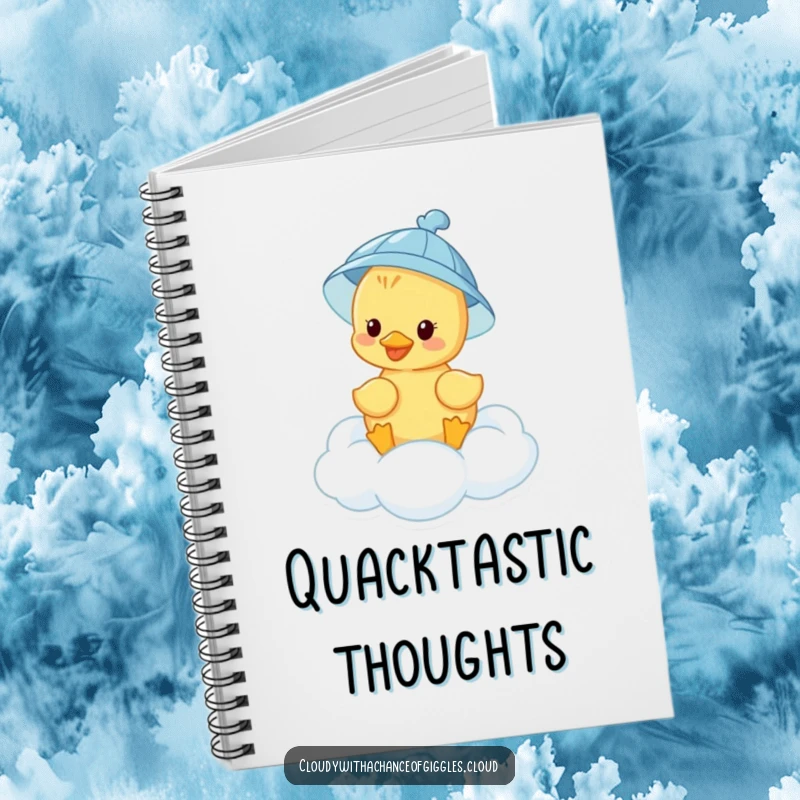 Funny duckling wearing a rain hat floats on a cloud, gracing the cover of this cute and functional notebook.