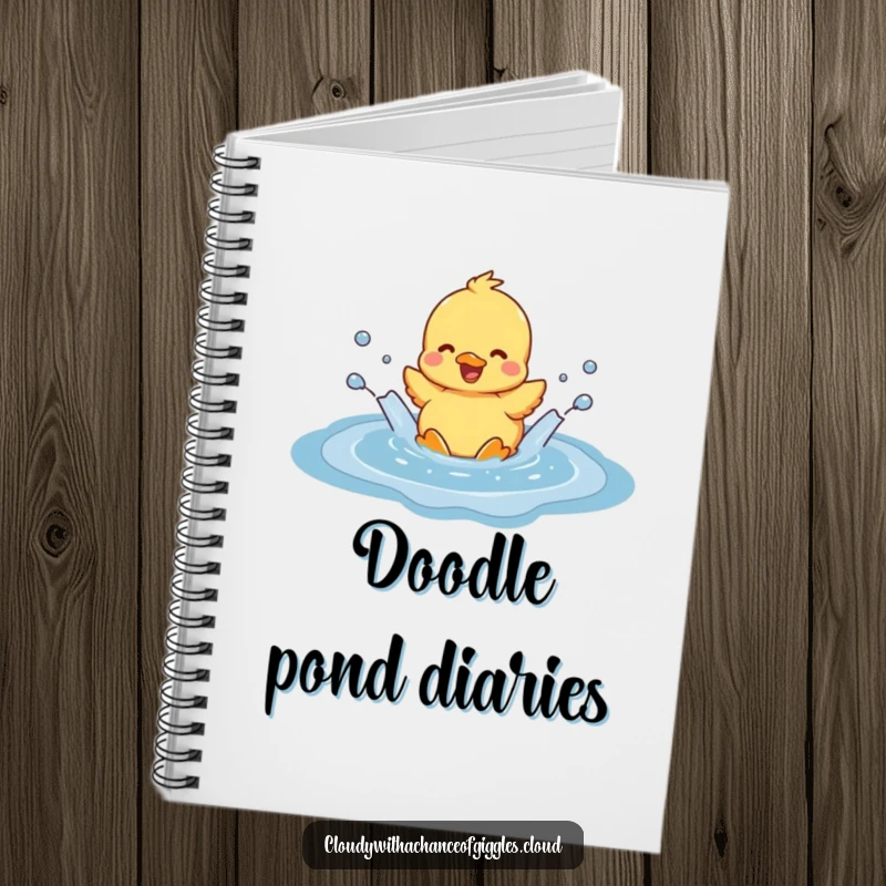 Funny duckling joyfully splashing in a cloud-shaped puddle, adorning a notebook cover, inspiring creativity and cheerful note-taking.