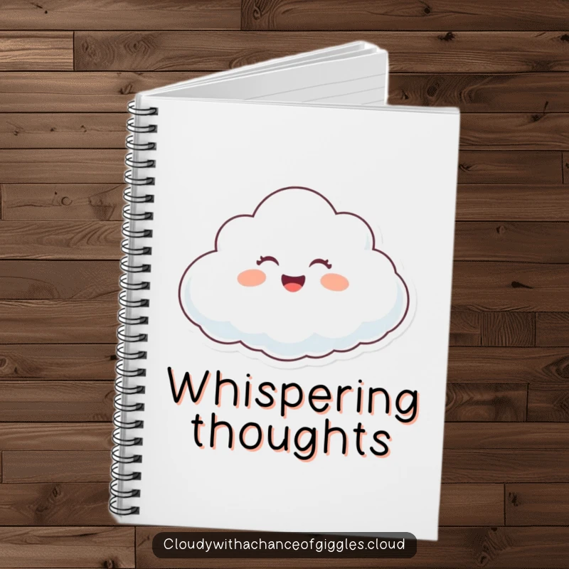 Funny happy cloud character giggling while floating on a gentle breeze, a notebook for happy and funny notes.