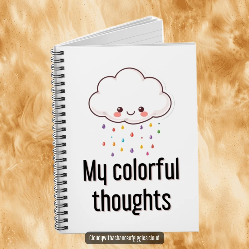 Funny cloud notebook, a small happy cloud raining tiny colorful raindrops, ideal for capturing bright ideas.