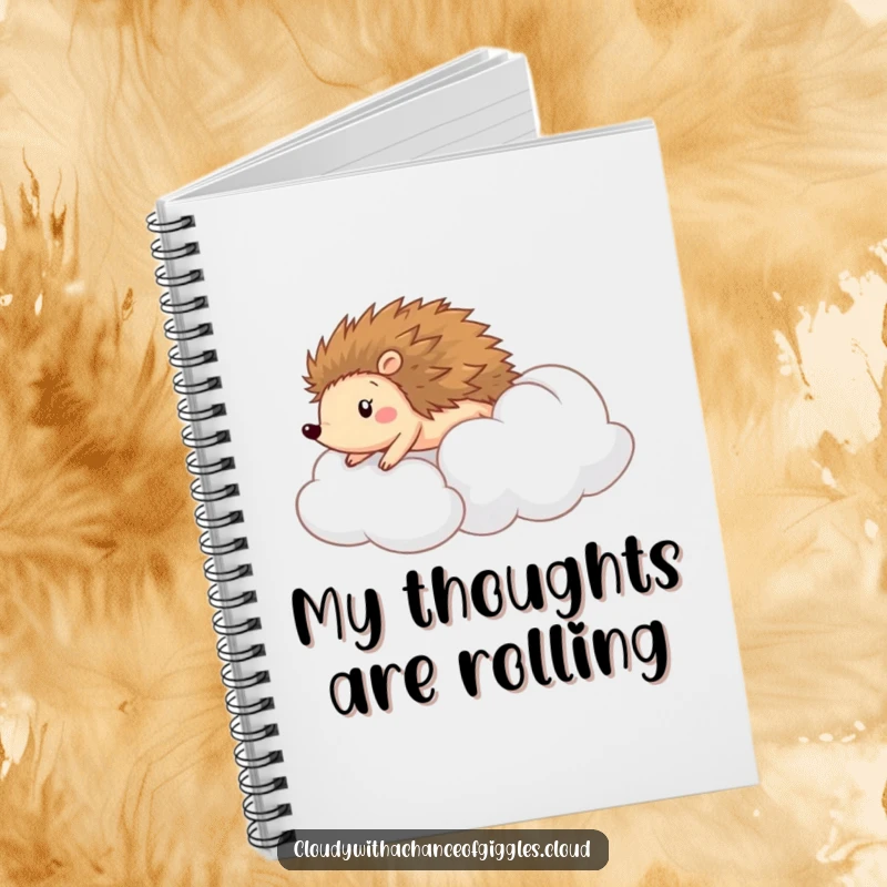 Funny notebook featuring a happy hedgehog rolling down a cloud, perfect for journaling adventures and fun thoughts.