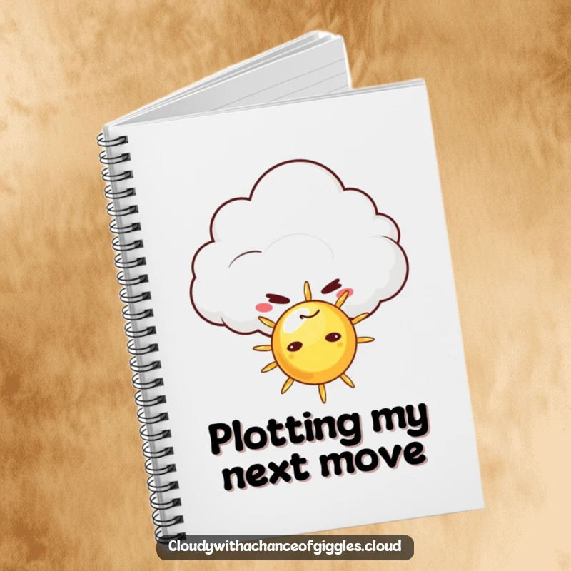 Funny notebook featuring a mischievous cloud with a sly grin hiding behind a tiny sun, perfect for journaling, note-taking, and sparking creative ideas.