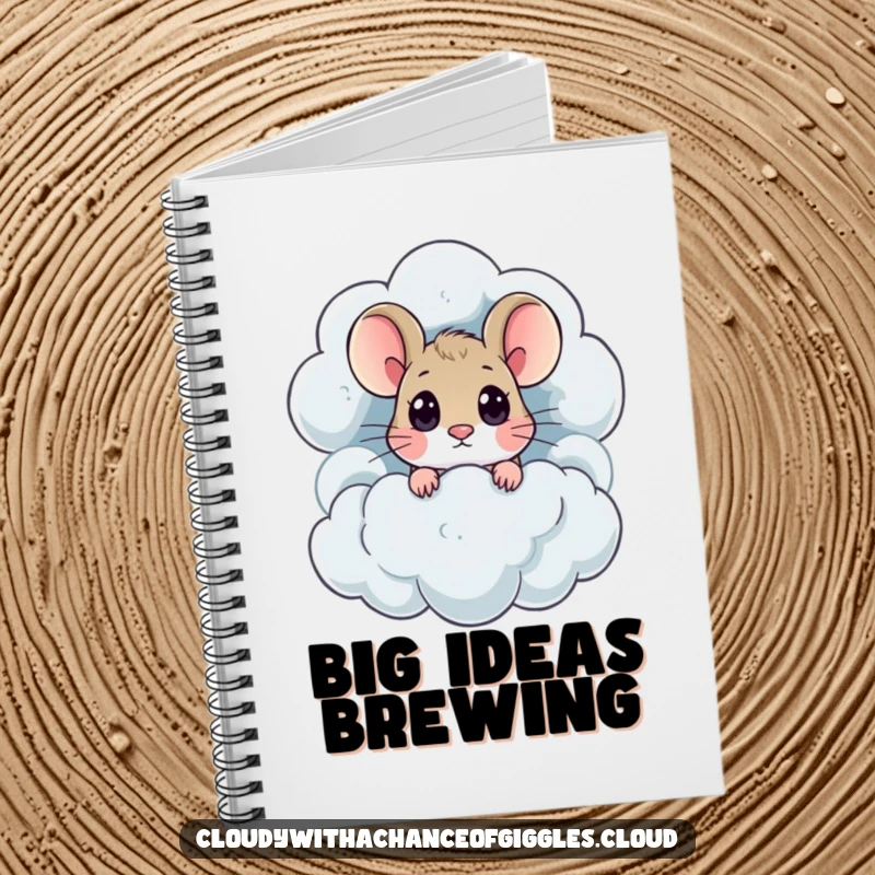 Funny mouse with big eyes peeks from a thundercloud, gracing the cover of this cute and functional notebook.