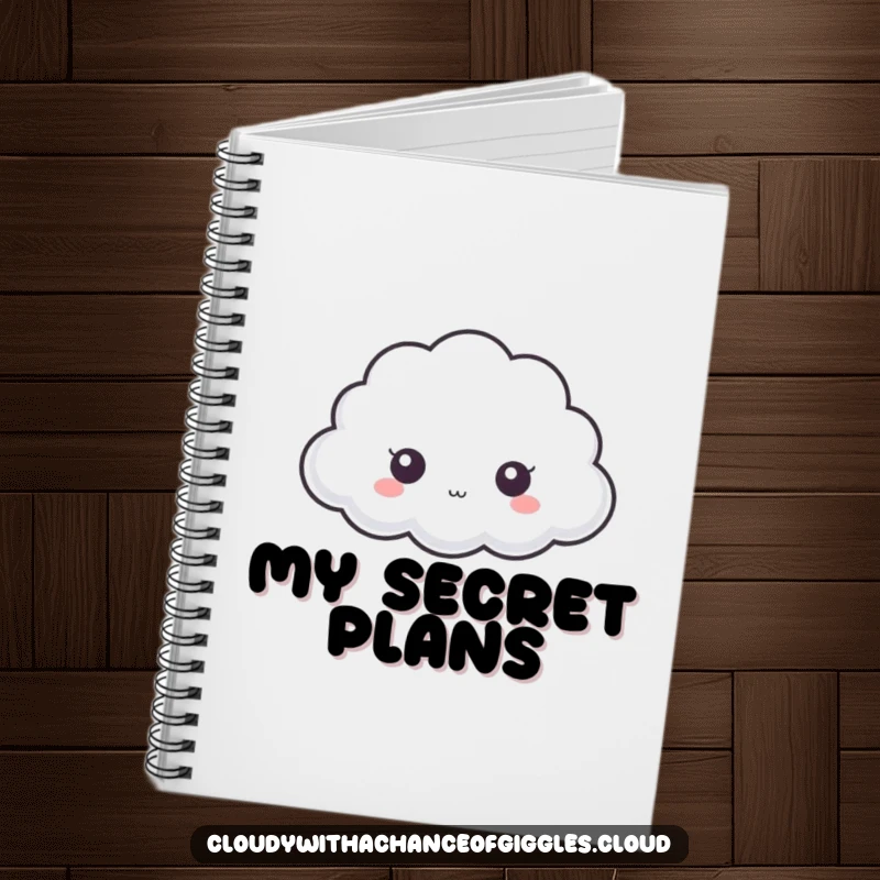Funny cloud notebook, a tiny cloud with big eyes peeking from behind a larger cloud, ideal for journaling secrets.