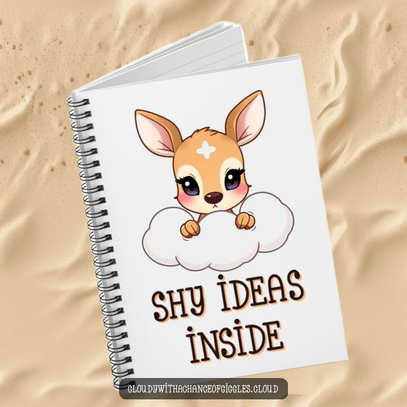 Funny notebook cover with a shy deer and wide eyes peeking from a soft cloud, perfect for journaling.