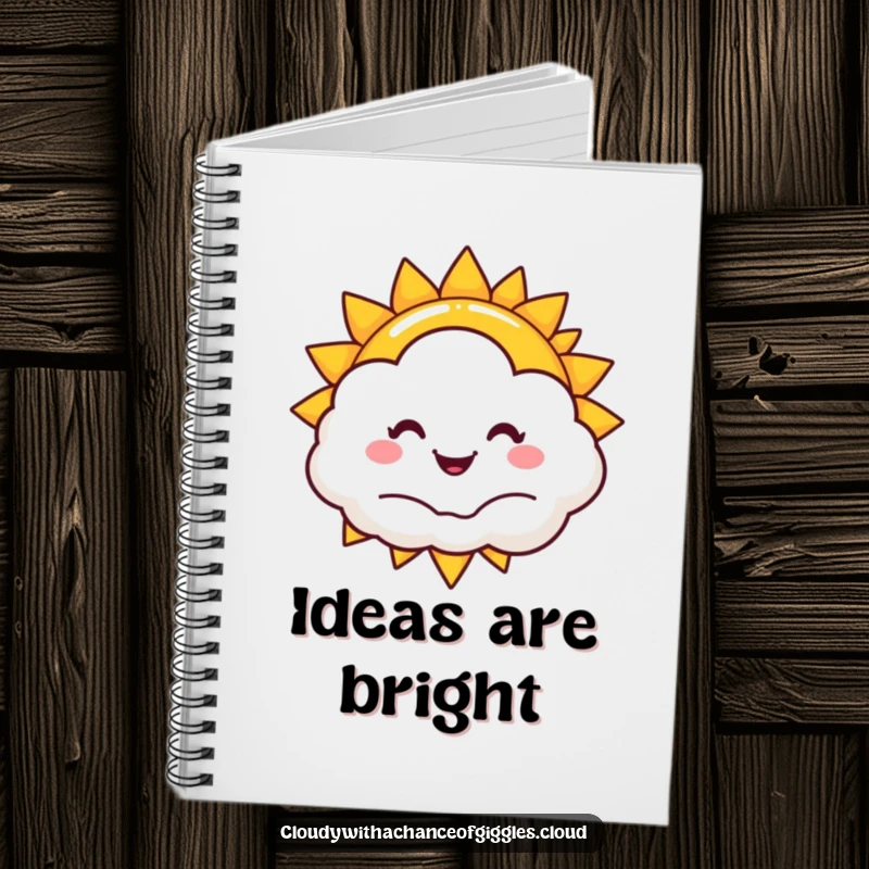 Funny sun and cloud notebook, a smiling sun peeking from a happy cloud, ideal for jotting down bright ideas.
