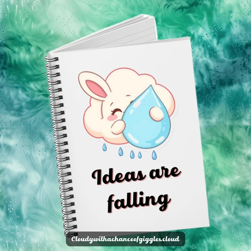 Funny notebook featuring a smiling bunny-shaped cloud floating lazily, holding a large raindrop, great for journaling, sketching, and capturing whimsical ideas.