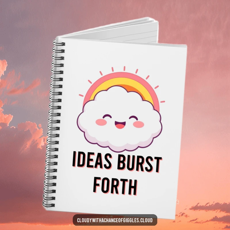 Funny notebook with a cover showing a happy cloud character, a rainbow bursting from its grin, perfect for humorous note-taking.