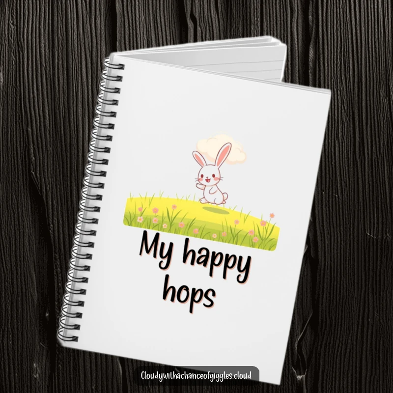 Funny rabbit notebook, a rabbit hopping under a smiling cloud, cute journal for writing and sketching ideas.