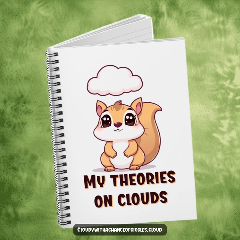 Funny squirrel notebook, showcasing a wide-eyed squirrel looking up at a curious cloud, ideal for humorous note-taking.