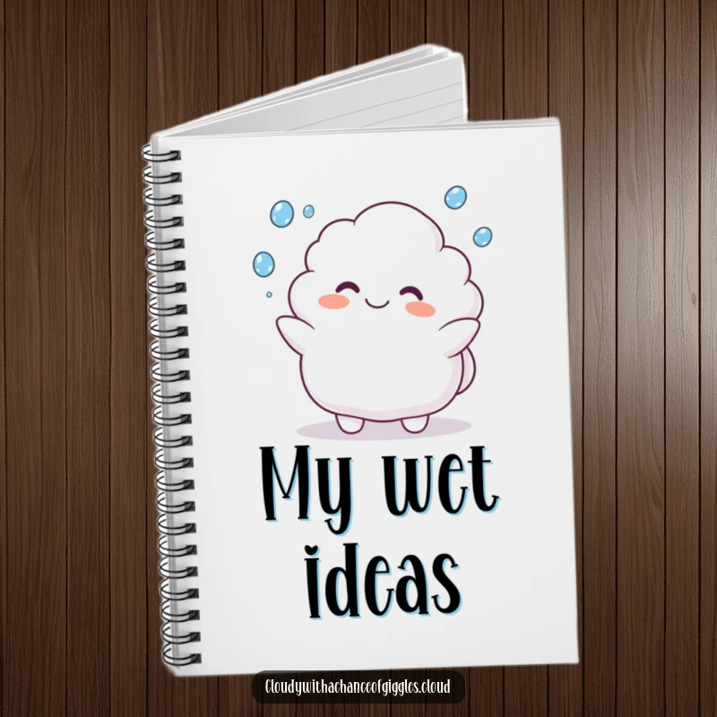 Funny notebook with a plump cloud animal character happily juggling raindrops, perfect for journaling or sketching.