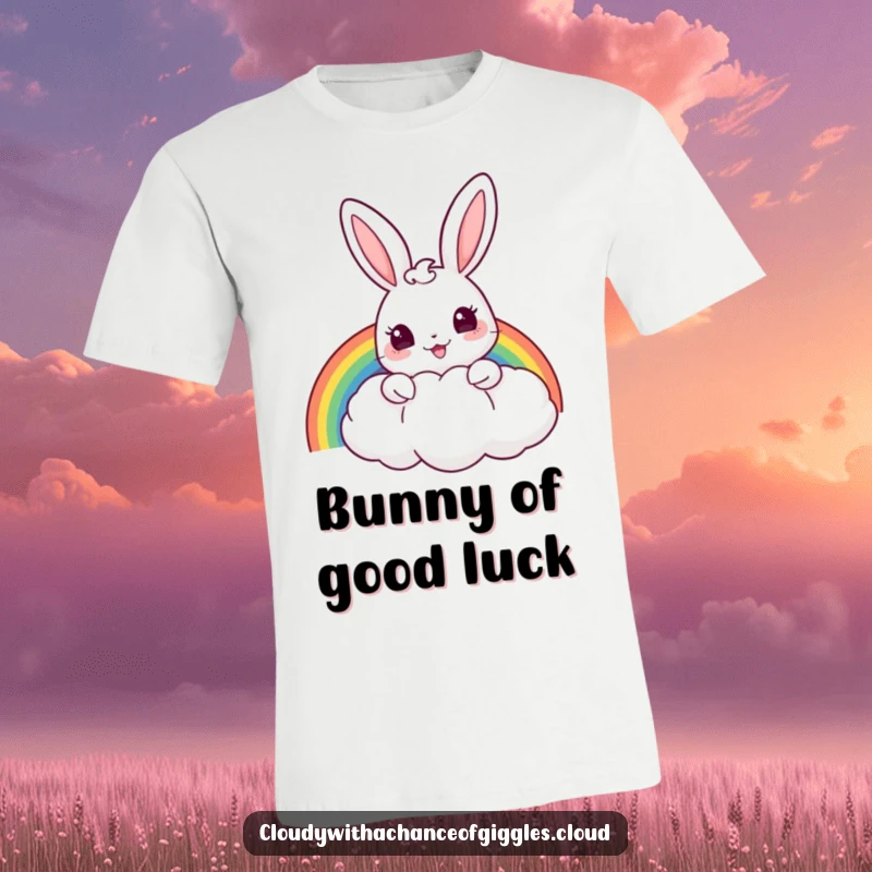 Funny t-shirt with a cheerful bunny peeking from behind a puffy cloud, holding a vibrant rainbow.