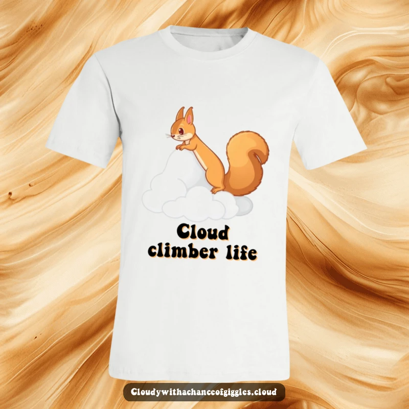 Funny t-shirt with a squirrel climbing a cloud shaped like a mountain, full of playful adventure. A fantastic funny gift.