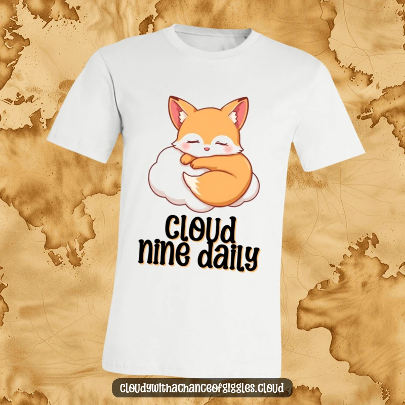 Funny sleepy fox curled up smiling on a soft cloud with closed eyes, a humorous and comforting t-shirt for dreamers.