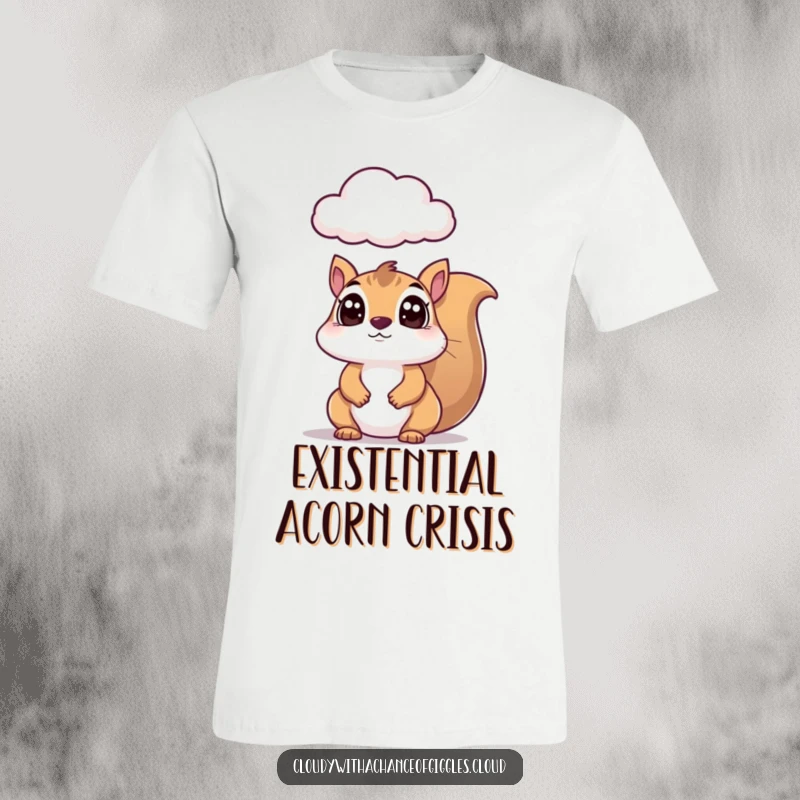 Funny squirrel t-shirt, wide-eyed and looking up at a curious, fluffy cloud, conveying a sense of wonder and humor.