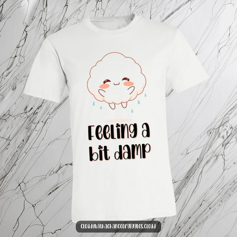Funny fluffy white cloud with rosy cheeks, jumping joyfully and raining, on a t-shirt, embodying cheerful weather.