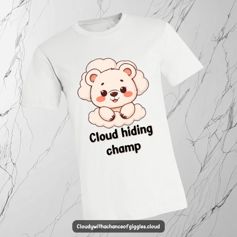 Funny t-shirt featuring a smiling cartoon bear cub peeking from behind clouds, showcasing playful curiosity, ideal for funny gifts.
