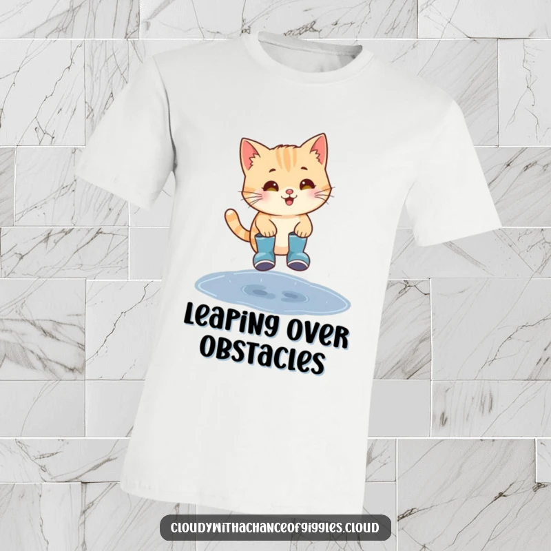 Funny cat in tiny rain boots, joyfully jumping over a puddle, a playful and humorous t-shirt.