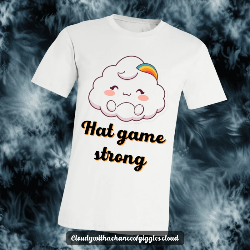 Funny T-Shirt of a cute cloud animal character in a tiny rainbow hat, joyfully waving to spread cheer.