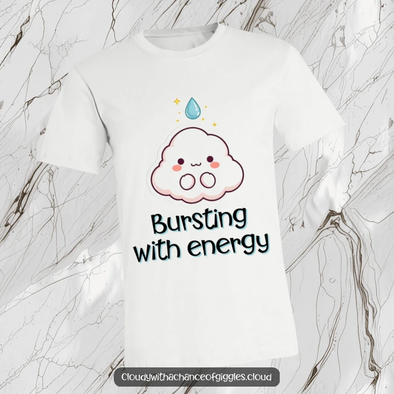 Funny t-shirt showcasing a tiny cloud animal character with sparkles bursting out of a raindrop, radiating charm.