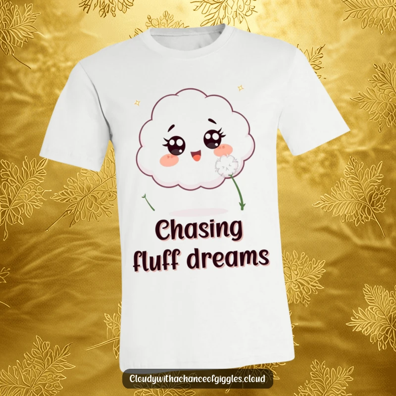 Funny t-shirt showcasing an excited cloud with wide eyes, enthusiastically chasing a floating white dandelion seed in a playful natural setting.