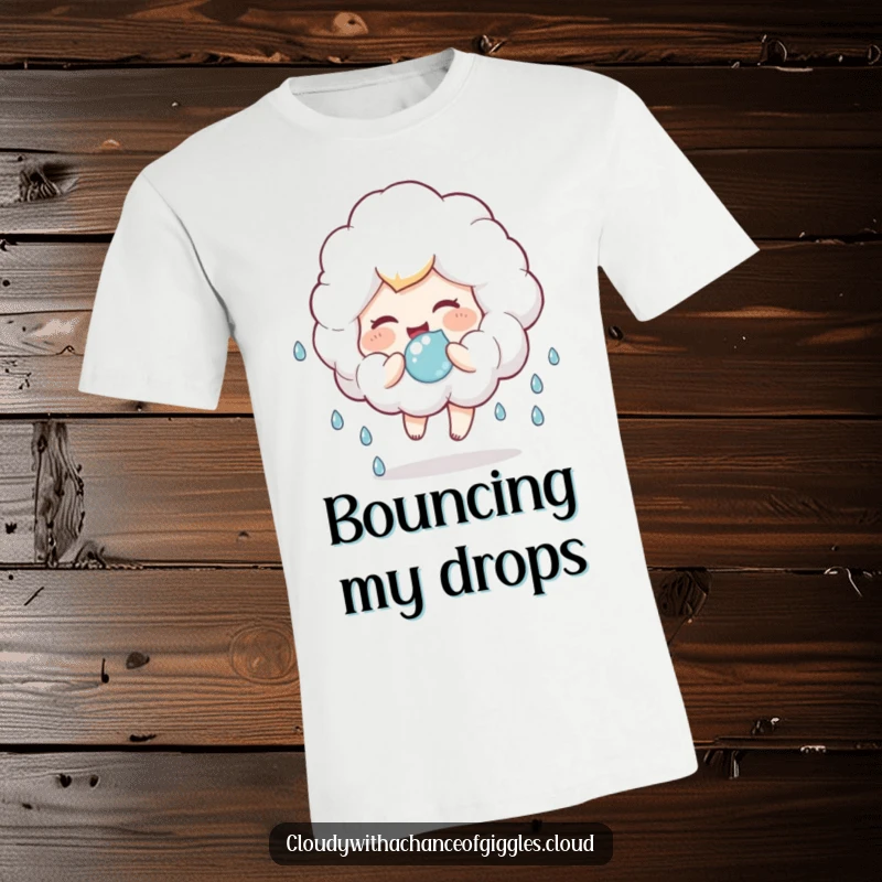 Funny t-shirt showing a fluffy cloud child giggling joyfully while bouncing a soft, puffy raindrop like a toy.