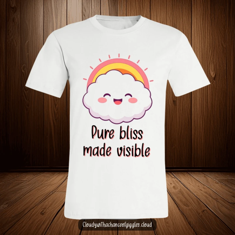 Funny t-shirt featuring a smiling cloud character with a spectacular rainbow exploding from its grin, radiating pure happiness.