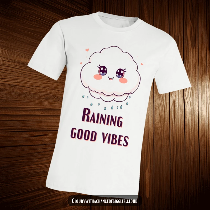 Funny T-Shirt with a fluffy kawaii cloud character joyfully raining tiny smile symbols, a symbol of happiness.